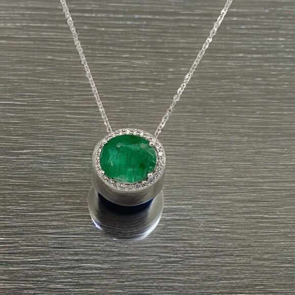 Natural Emerald Diamond Pendant Necklace 15" 14k WG 4.06 TCW Certified 215626 - Picture 7 of 11